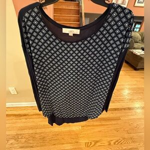 LOFT Navy Blue Geometric Print Long Sleeve Blouse Size M
